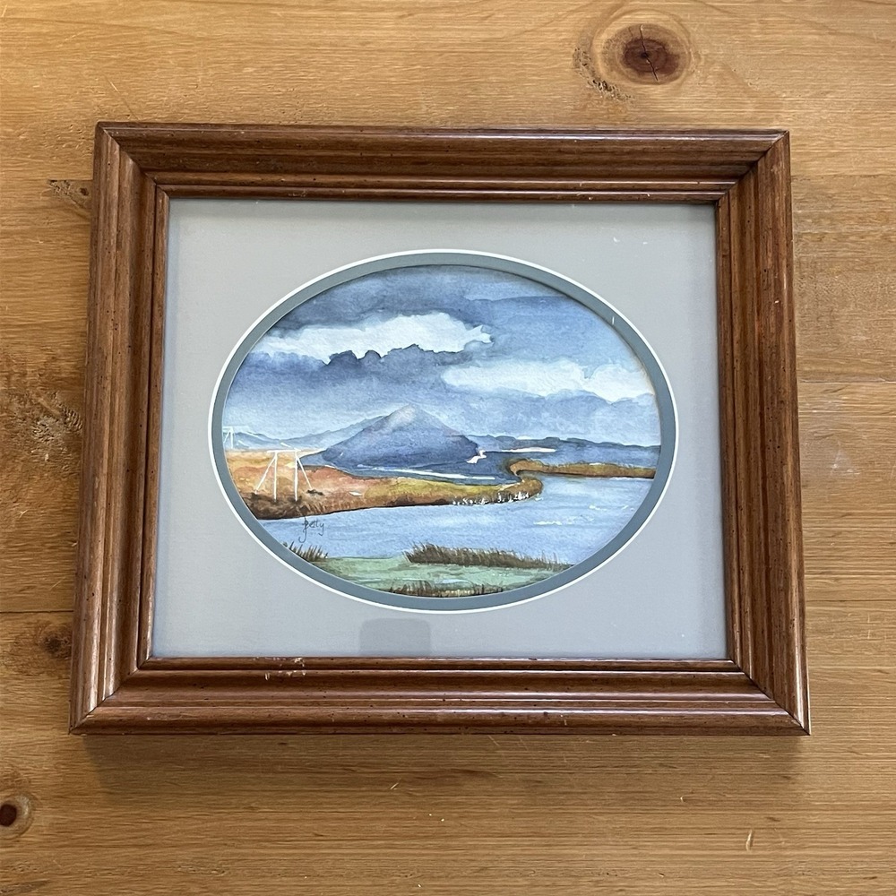 Vintage Framed Oval Watercolor Landscape Painting Signed Betty Mountain Lake Art